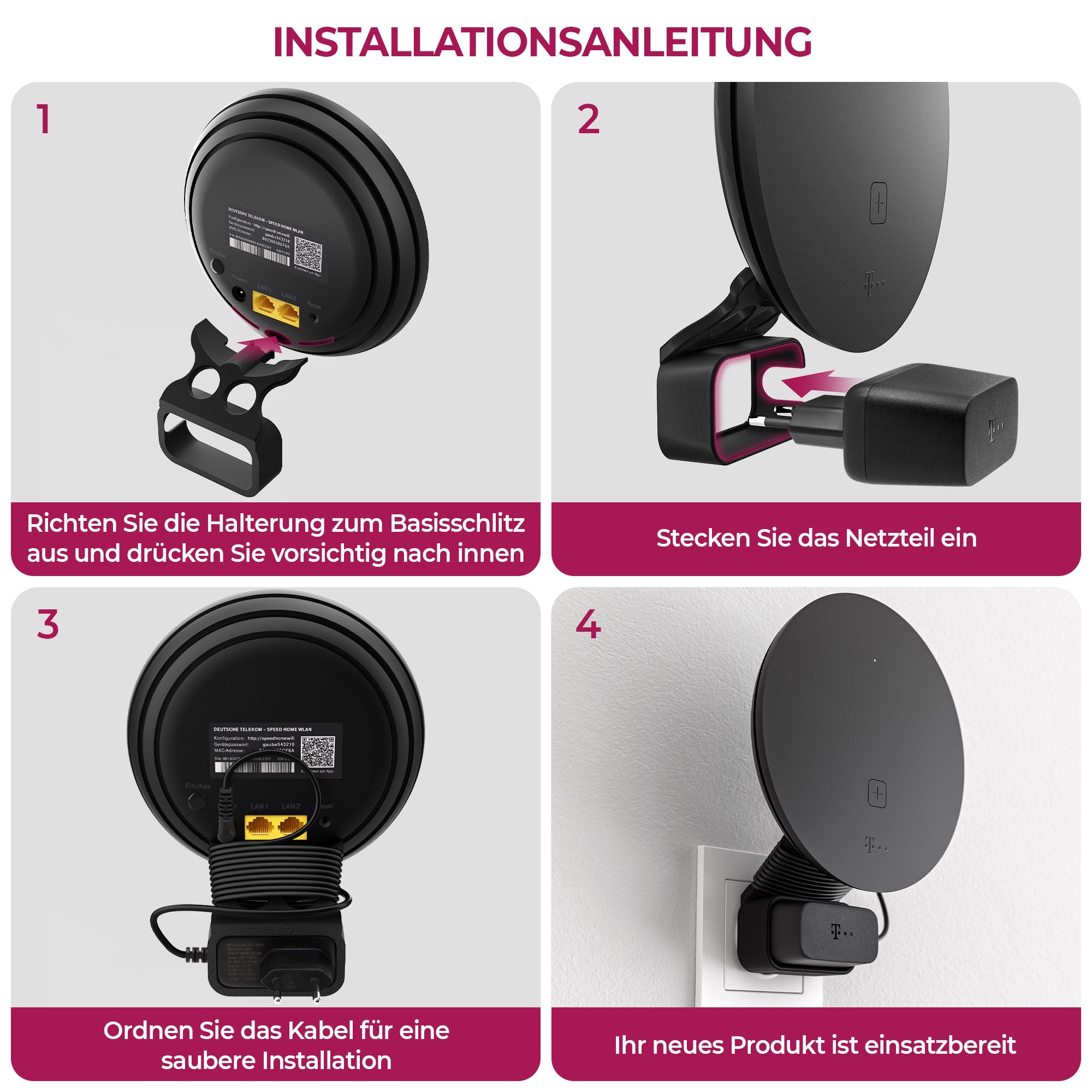 Steckdosen Wandhalterung passend für Telekom Speed Home WLAN | Robuste und platzsparende Halterung | Optimierte Kabelorganisation | Einfache Montage ohne Bohren