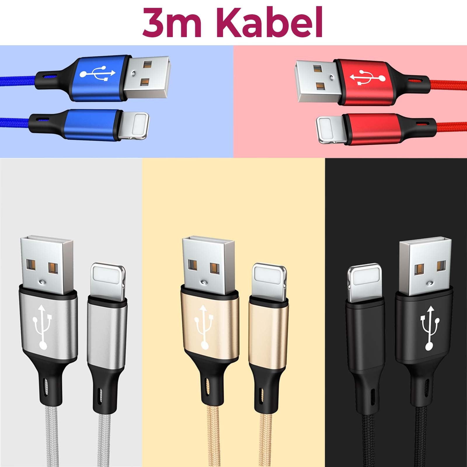 Mobilefox 3m Universal Micro Typ C USB Schnell Lade Daten Nylon Kabel
