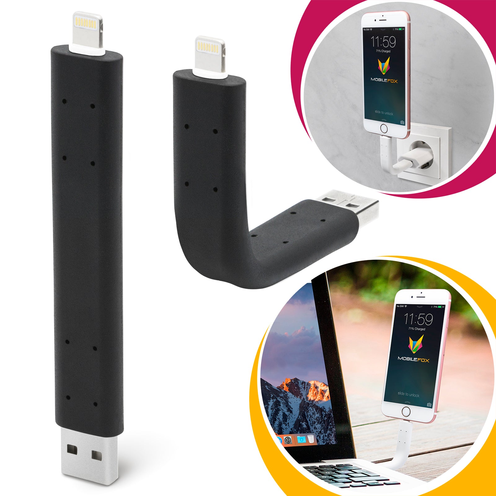 Mobilefox Biegbar USB Handy Ladekabel Datenkabel Halter für Apple Geräte Universal Schwarz