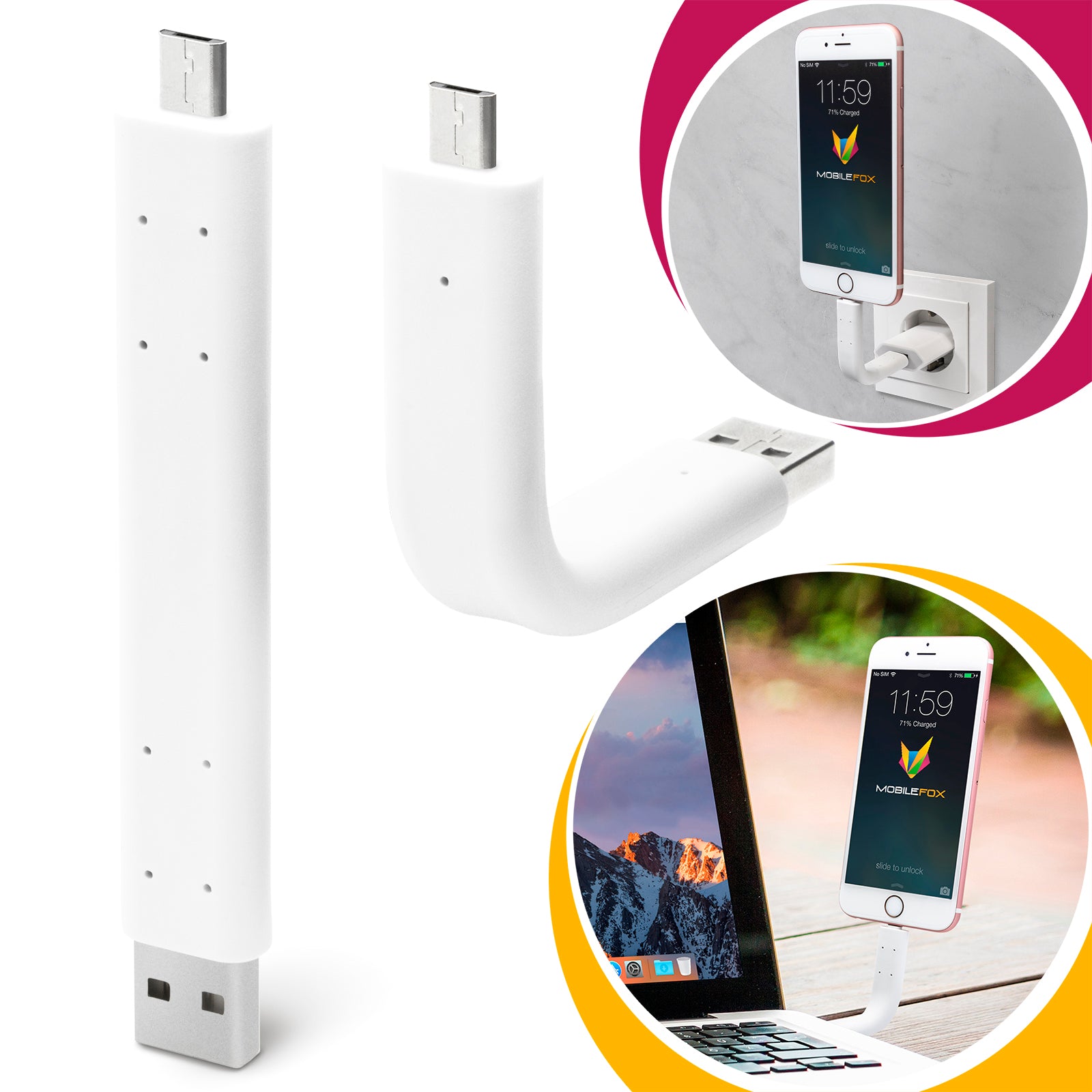 Mobilefox Universal Micro USB Biegbar Handy Lade Daten Kabel Halter Weiß für Android Geräte