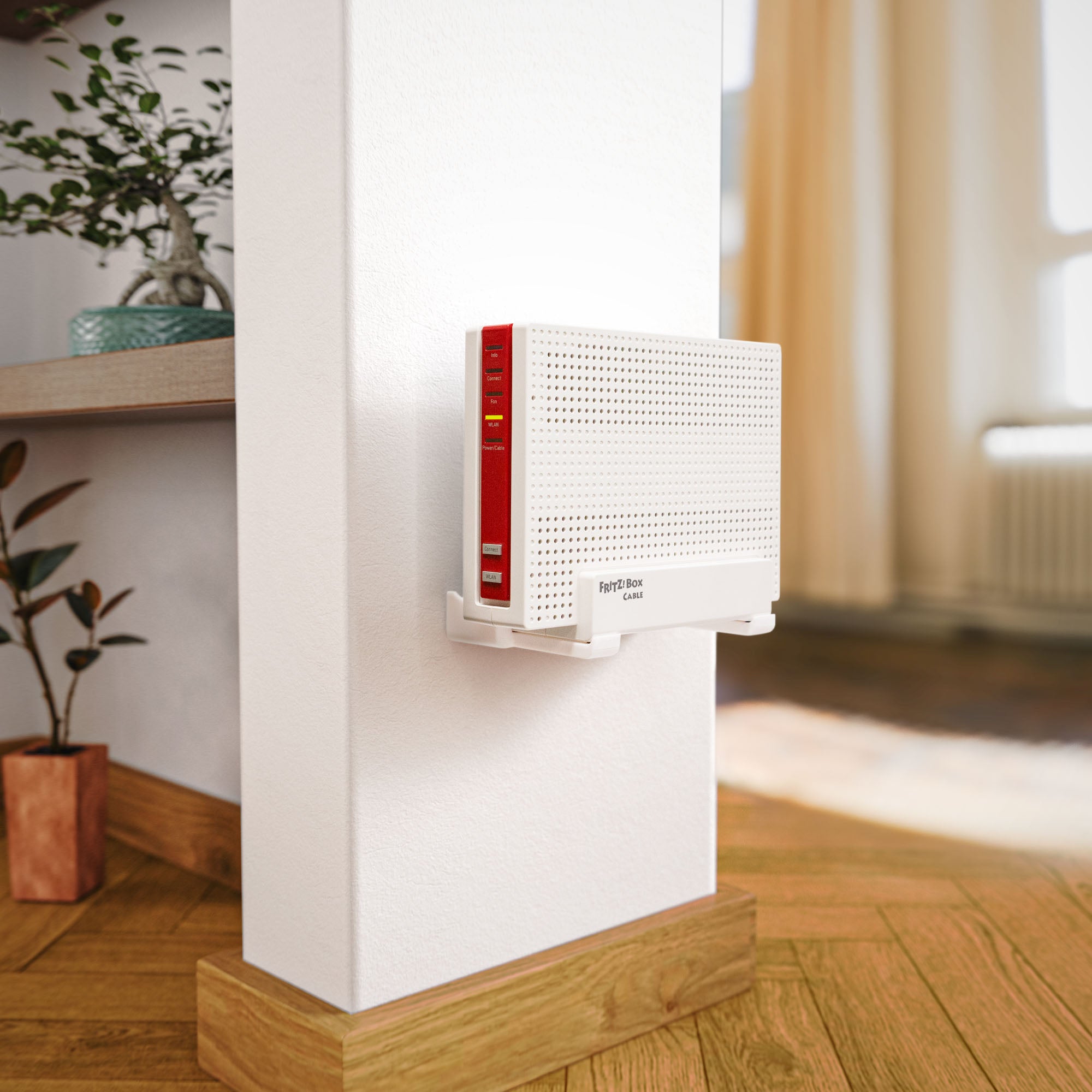 Wandhalterung & Steckdosenhalterung passend für FritzBox 6690/6591 Cable | Router Halterung zur Wandmontage | Schraubenlose Befestigung mit Netzteil-Halterung | Integriertes Kabelmanagement