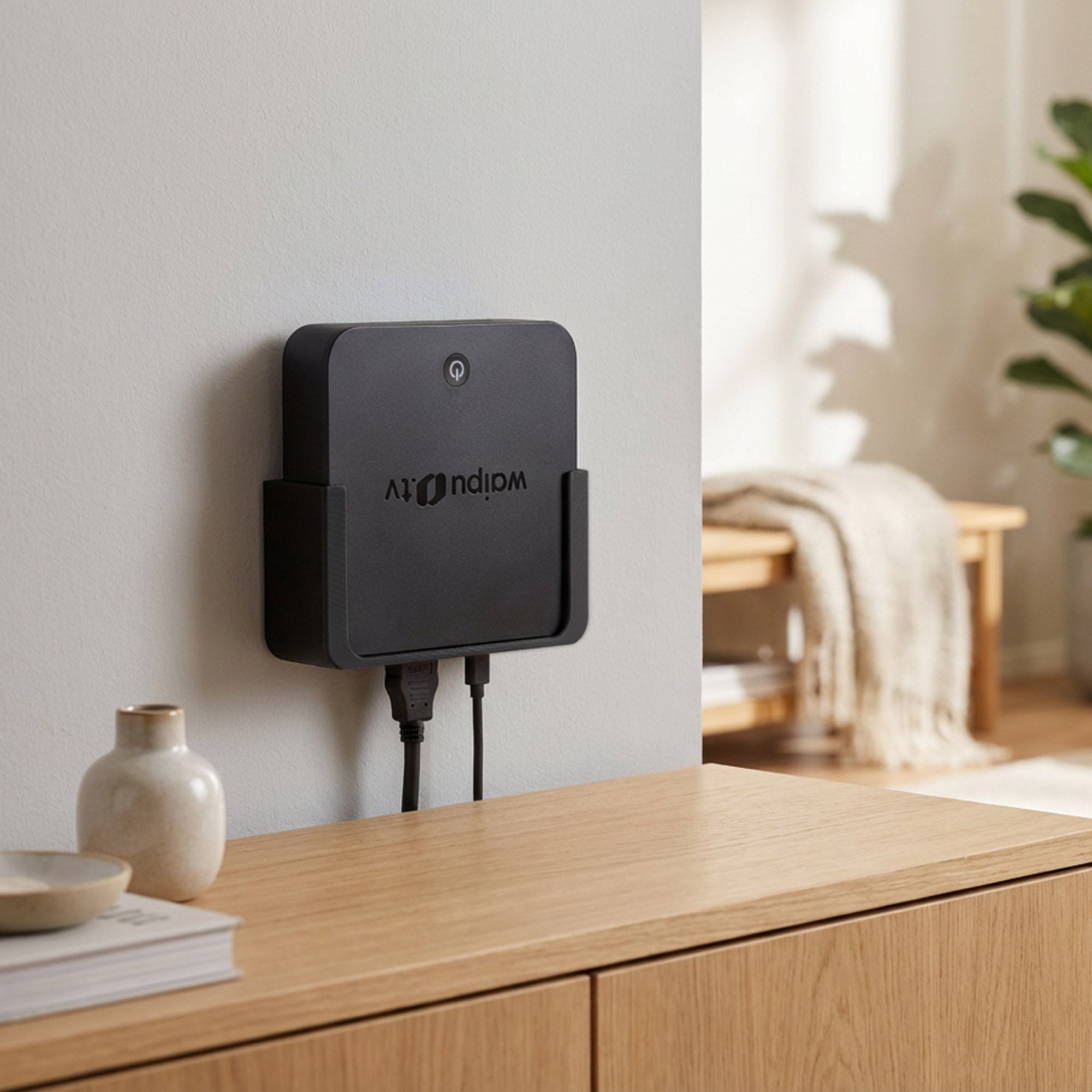 Wandhalterung passend für waipu.tv Box 4K Schwarz | Platzsparende TV Box Halterung inkl. Kabelmanagement | Robuste Halterung mit Schrauben und Klebepunkten